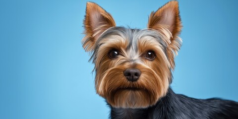 Fototapeta premium A close-up portrait photo of a cute terrier dog looking at the camera, isolated against a colourful background.