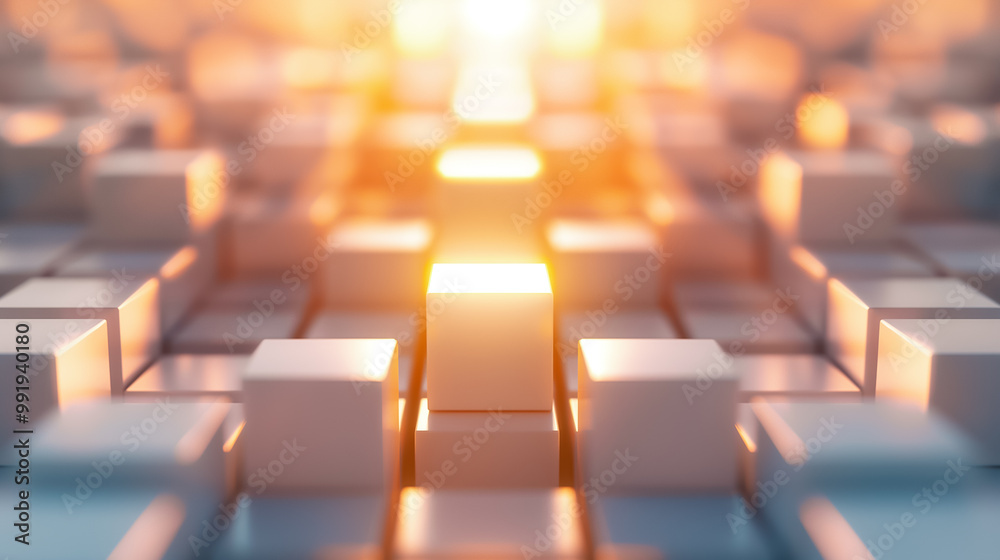 Poster a series of abstract blocks arranged in a grid formation are illuminated by soft lighting, creating 