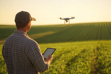 Farmer using a drone to monitor crop fields with a tablet, showcasing modern agriculture and technology