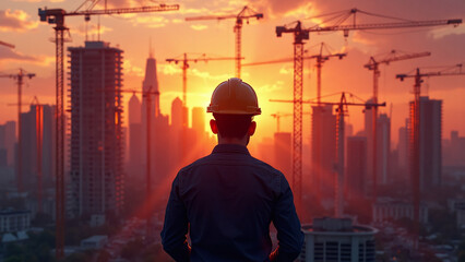 Silhouette of Construction Worker at Sunrise/Sunset
