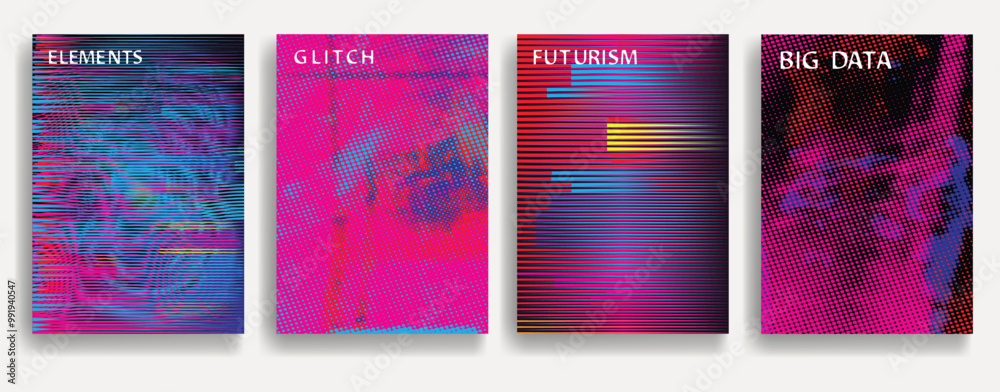 Poster glitch distorted geometric template brochures . modern art design . noise destroyed glitched flyer .