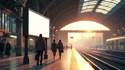 Blank Billboard on Train Station Platform at Sunrise/Sunset