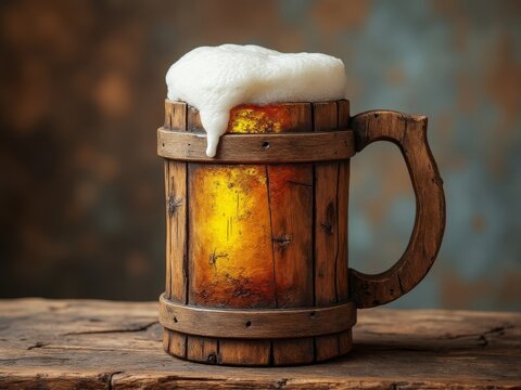 Rustic Wooden Mug of Beer with Frothy Head on Wooden Surface, Medieval-Style Tankard Filled with Amber Beer, Vintage Atmosphere and Warm Lighting
