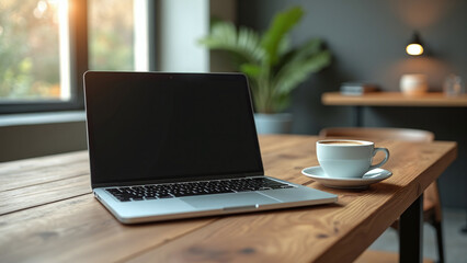 Laptop with Blank Screen on Wooden Table