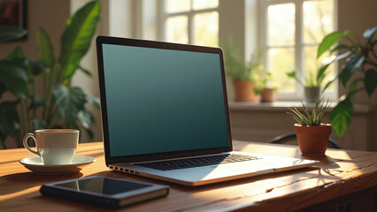 Laptop with Blank Screen on Wooden Table