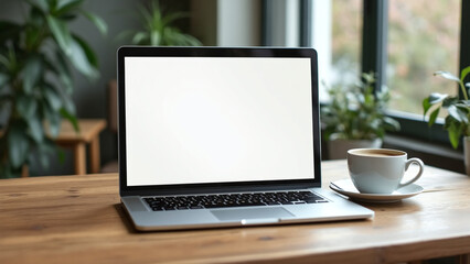 Fototapeta premium Laptop with Blank Screen on Wooden Table