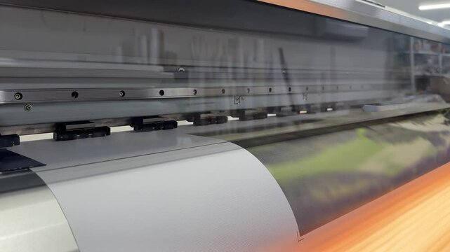 Valmiera, Latvia - August 11, 2024 - A large-format printer in action, printing an image onto a wide roll of paper in a professional print shop.
