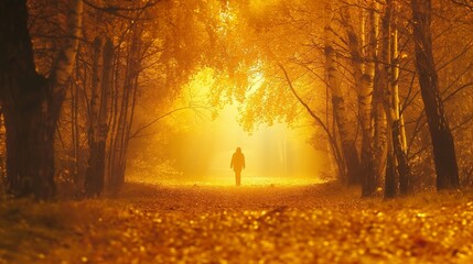 Obraz premium A lone figure walking through a golden forest