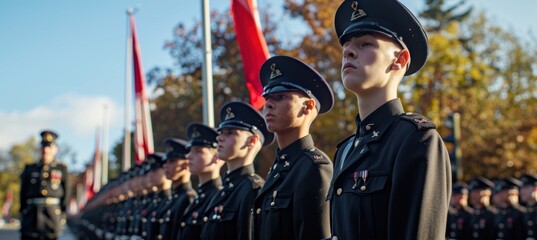 Young Cadets Marching in Precise Formation During Armistice Day Event with Flags Flying High