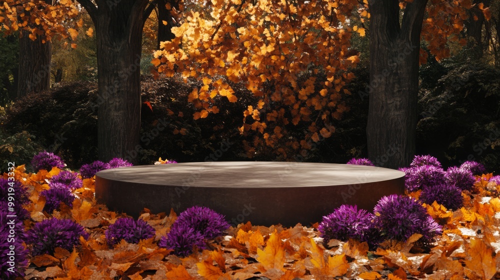 Aufkleber a circular platform is situated in the middle of a forest scene. the platform is made of dark materi