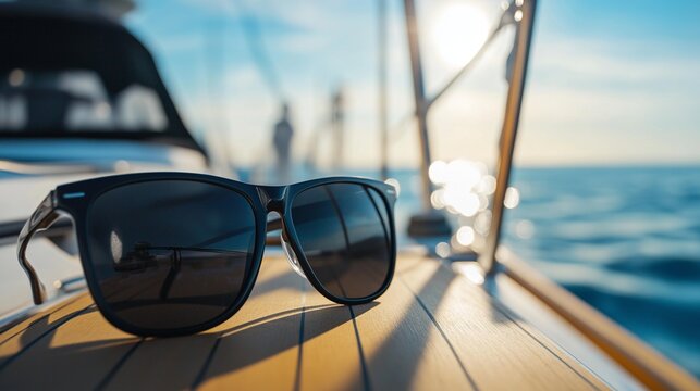 Polarized black sunglasses resting on a boat deck