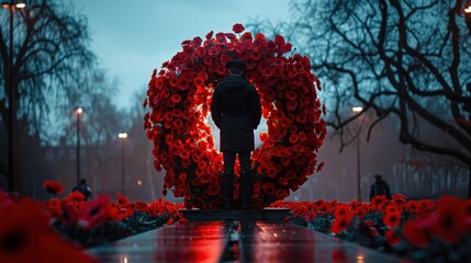 Quiet Reflection at Remembrance Day Event with Red Poppies and Lone Figure by Monument