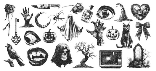 Creepy Halloween collage elements with vintage stippling photocopy effect. Eye, mouth, zombie hand, pumpkin jack, raven, ghost, cat with experimental grunge dotted texture. Retro vector illustration © svetolk