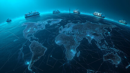 Transportation world map with container ships and cargo ships symbolizing global transportation