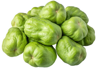 Fototapeta premium Pile of green chayote squashes. Wrinkled skin, varied sizes. Fresh and healthy. Transparent background, great for food visuals.