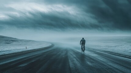 A cyclist struggling to ride against strong winds on a deserted road during a storm