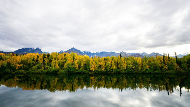 In Alaska, fall is putting its color on almost everything. Travel season is almost closed due to the cold weather. Snow starts to cover the trails. Water reflects foliage colors. 