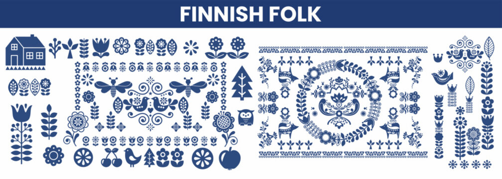 Fototapeta Scandinavian seamless pattern, Folk art vector round ornamental,  Retro style navy blue ornament, finnish folk set of icon. 