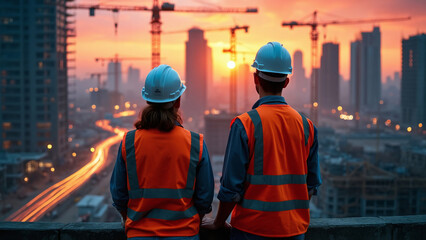 Construction Workers Overseeing Urban Development at Sunrise/Sunset