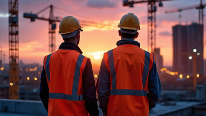 Construction Workers Overseeing Urban Development at Sunrise/Sunset