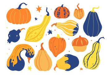 Vector pumpkin set. Hand drawn illustrations for autumn decorative design. Halloween collection.