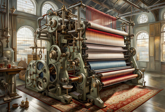 old industrial carpet weaving machine in a victorian factory building