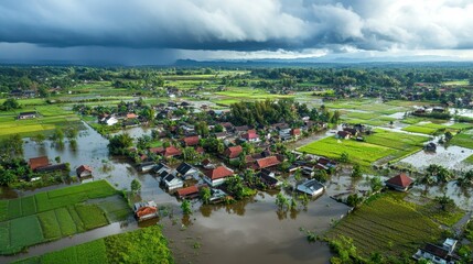 Aerial view of a rural village surrounded by flooded fields and heavy rain clouds overhead