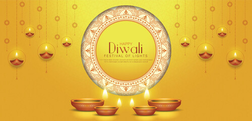 Happy Diwali - festival of lights colorful banner template design with decorative diya lamp.