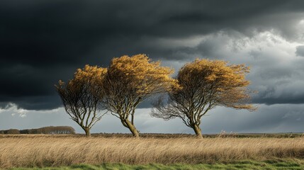 Trees bending in the wind as a storm approaches, with the sky darkening above