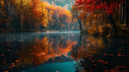 Autumn lake surrounded by trees with red and yellow leaves reflecting in the water