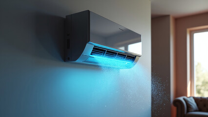 Wall-Mounted Air Conditioning Unit with Cool Air Flow in Modern Living Space