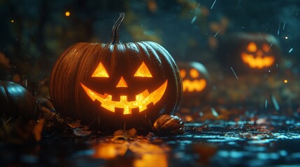 Obraz premium Close up of Halloween jack lantern on dark background in forest