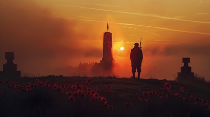 Remembrance Day Dawn Memorial Service with Lone Soldier in Front of Stone Monument