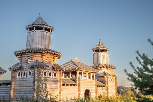 Model of the tower of the Bratsk fort, built by the Cossacks of Dmitry Firsov in 1634. Bratsk city, Irkutsk region, Russia. Eastern Siberia. Wooden fortress tower. Tourist attraction of Bratsk.
