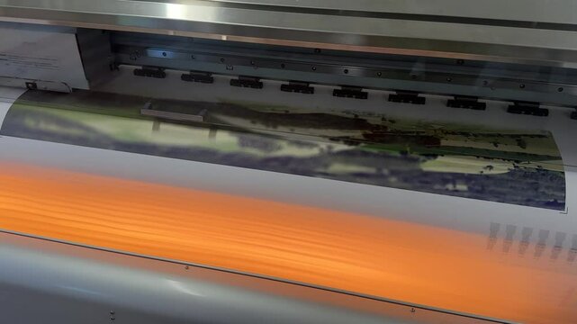 Valmiera, Latvia - August 11, 2024 - A large format printer printing an image on a roll of paper, showing the machine in action with the print slowly emerging.