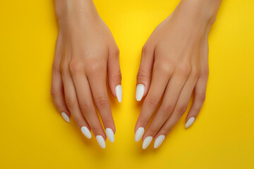 Two hands with white nails and a yellow background