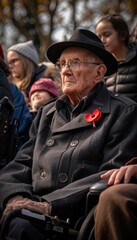 Fototapeta premium Elderly Veteran with Family at Remembrance Day Event, Wearing Poppy, Reflecting on War Memories