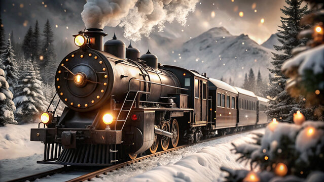 A magical steam train, "The Polar Express," chugging through a snowy mountain landscape on Christmas Eve, its windows glowing warmly as it heads towards the North Pole. 