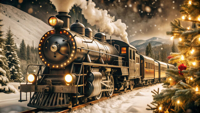 A magical steam train, "The Polar Express," chugging through a snowy mountain landscape on Christmas Eve, its windows glowing warmly as it heads towards the North Pole. 