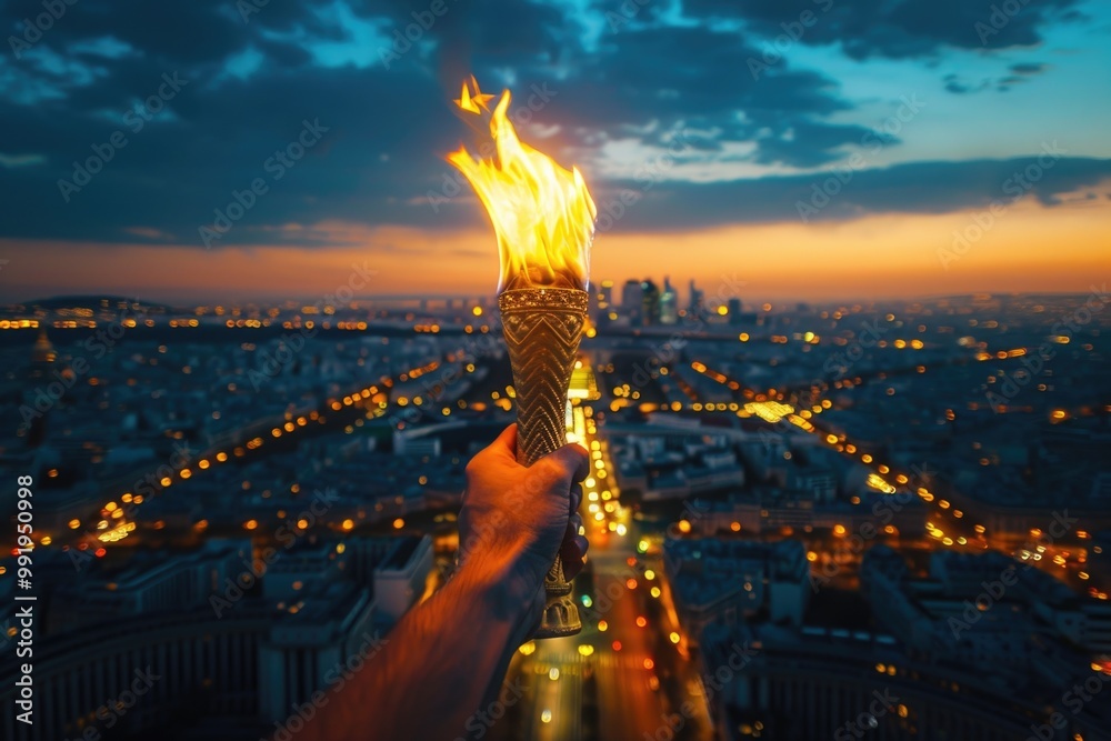 Poster a person holds a lit torch in front of a city skyline