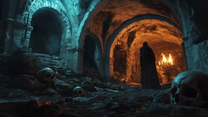 Naklejka premium cold stone crypt lit by torches. Skulls and bones lie in the shadows, while a figure in a dark cloak stands at the entrance, stone textures are sharp, with the flames flickering softly in the backgrou