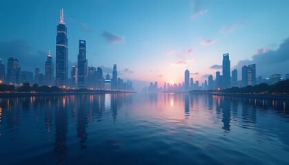 Fototapeta premium Futuristic cityscape at dusk with skyscrapers reflecting on calm lake and warm sunset glow