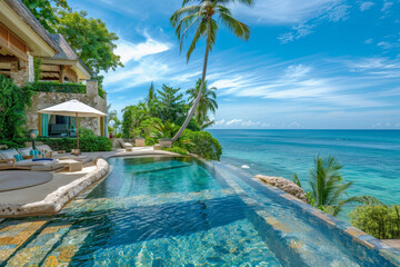 A beautiful beach house with a pool and a palm tree