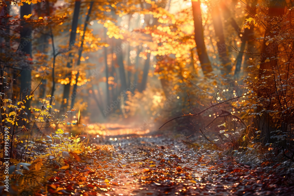 Canvas Prints A forest path is covered in autumn leaves