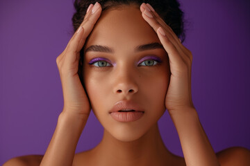 Naklejka premium A woman with purple eyeshadow and a green eye liner