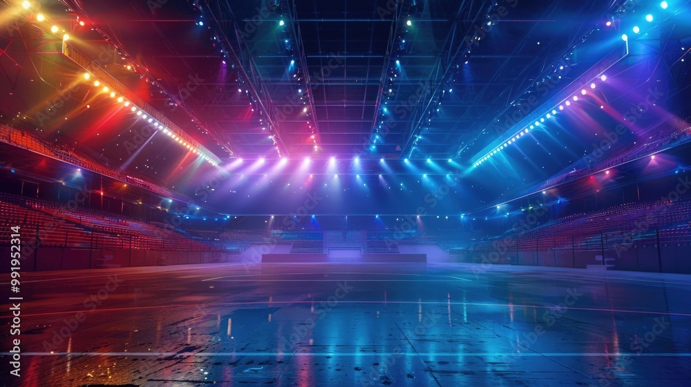 Poster An empty ice rink with bright lights, suitable for sports and event concepts