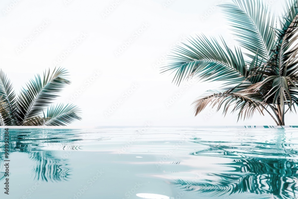 Poster a tranquil scene near a pool with palm trees in the background, suitable for relaxation and leisure 