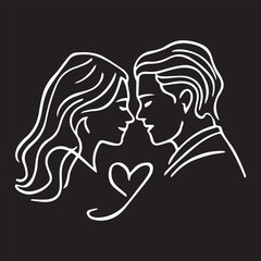Loving couple line art on black isolated background