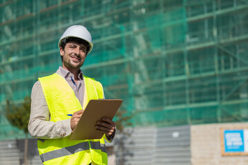Fototapeta premium Construction manager or architect with reflective vest white helmet reviewing the construction of homes, safety inspector reviewing work, work safety real estate future professions, housing project