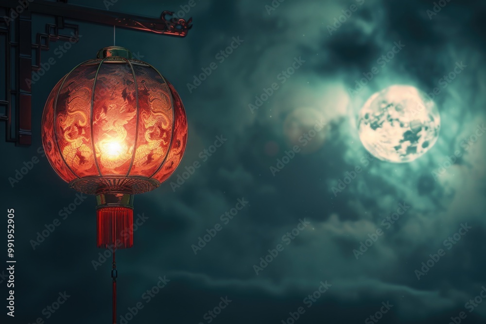 Aufkleber a red lantern hangs from a pole under the light of a full moon, perfect for capturing a peaceful nig